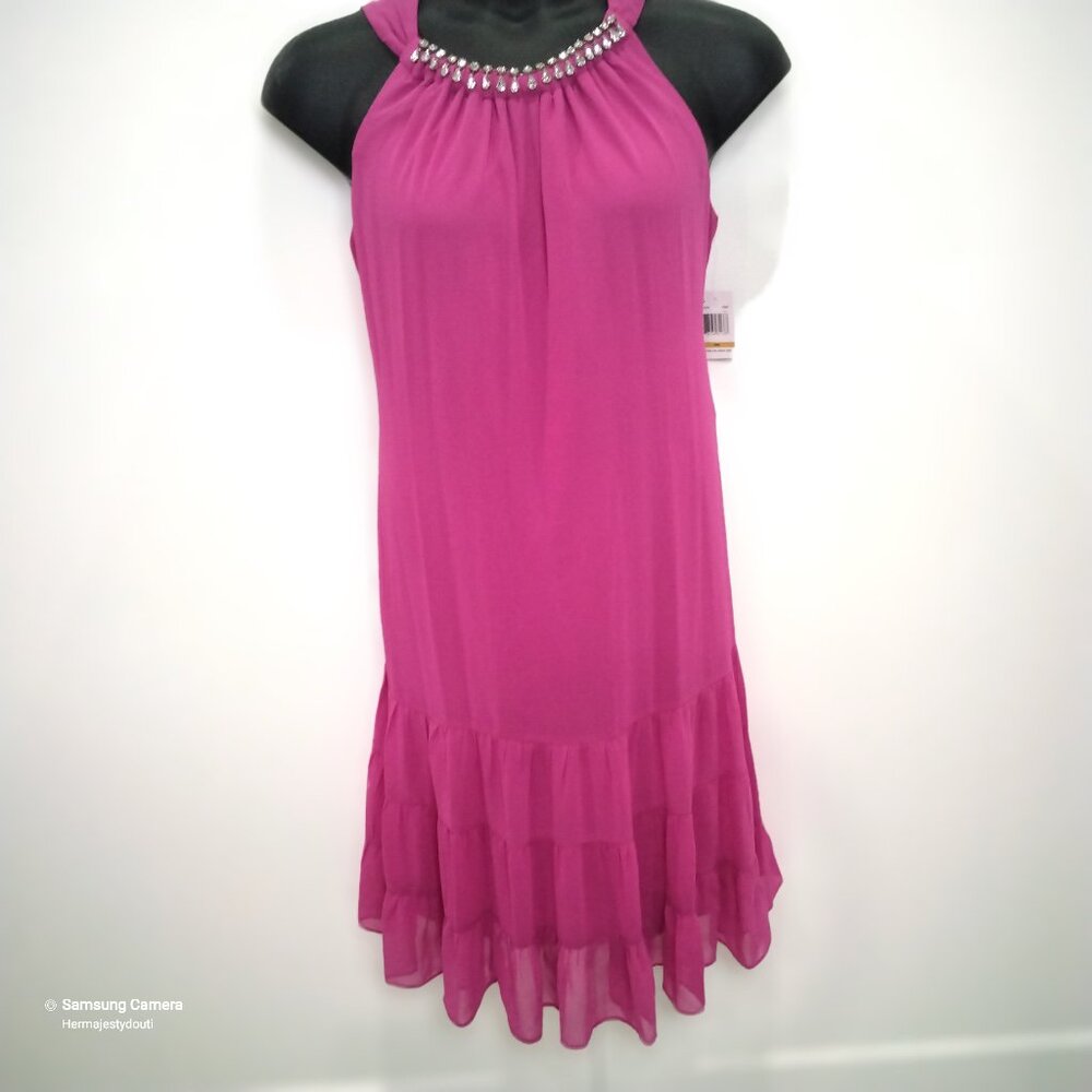 MSK Fuchsia Pink Chiffon Oscar Jewel Neck Sleeveless Halter Swing Dress NWT 16W